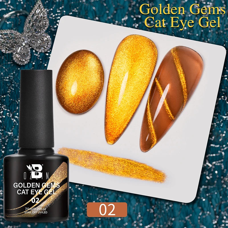 1- 6pc Golden Glitter Cat Magnetic Nail Gel Cat Eye Holographic Reflective Semi Permanent UV Gel Soak Off Sparkling Nail Art