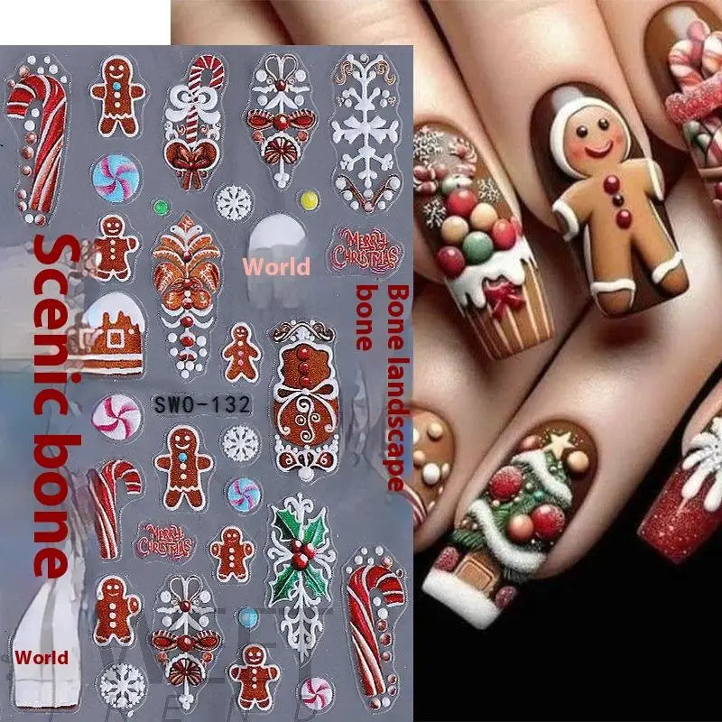 1Pcs 5D Gingerbread Man Snowflake Nail Stickers Christmas Pine Tree Cake Self-Adhesive Nail Decal Winter DIY Manicure Supplies