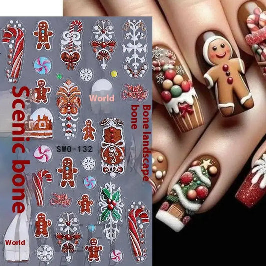 1Pcs 5D Gingerbread Man Snowflake Nail Stickers Christmas Pine Tree Cake Self-Adhesive Nail Decal Winter DIY Manicure Supplies