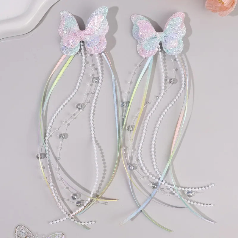 2Pc Childrens Rainbow Butterfly Sequin Hair Clip,pearl Ribbon,tassel Hair Clip,girl Braided Hair Accessory,performance Accessory