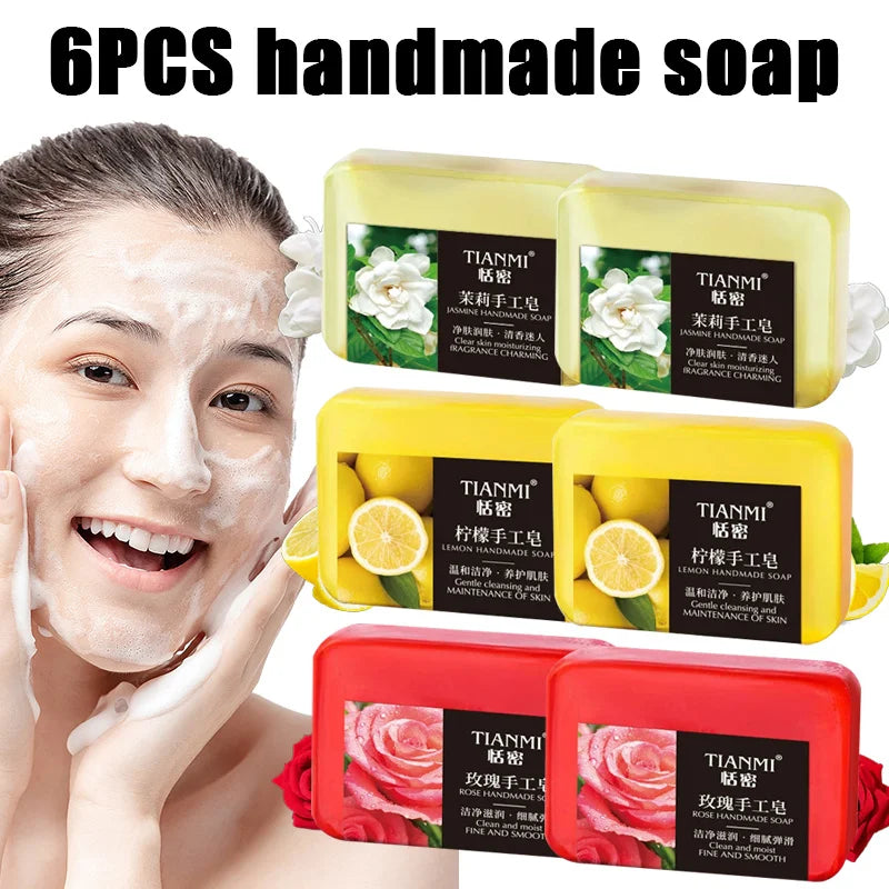 6PCS fruit floral handmade soap, jasmine, rose, lemon handmade soap, gentle cleaning, bathing the whole body, moisturizing