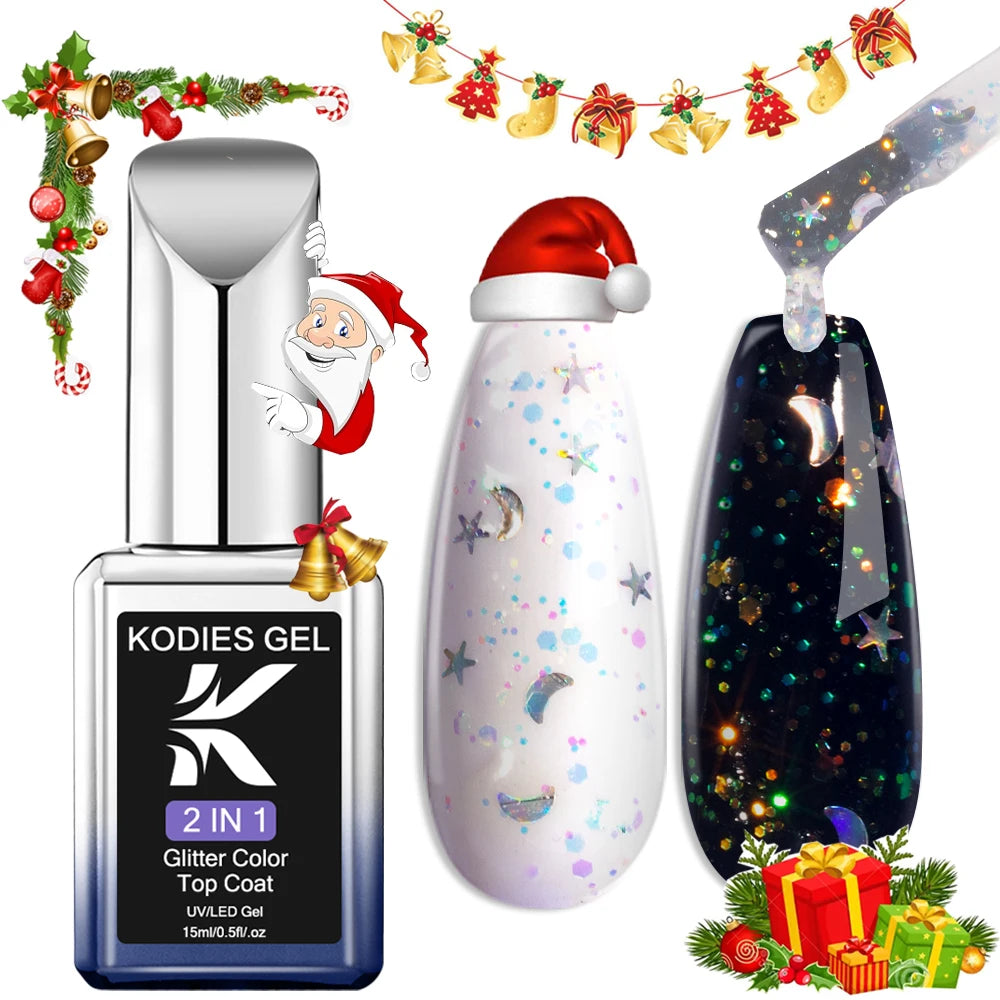 KODIES GEL Glitter Top Coat Gel Nail Polish 2 In 1 Semi Permanent  UV Stars Moon Halo Top Coat No Wipe Manicure Nail Art Sealer