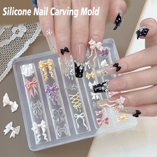 3D Silicone Flower Nail Carving Mold Acrylic Bowknot Floral Stamping Plate Nails Stencils Blossom DIY Clay Mold Nail Template