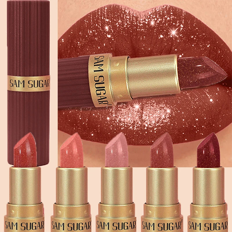 Diamond Chocolate Red Lipstick Pearlescent Glitter Velvet Lipstick Waterproof Shiny Metallic Matte Lip Gloss Non-fade Makeup