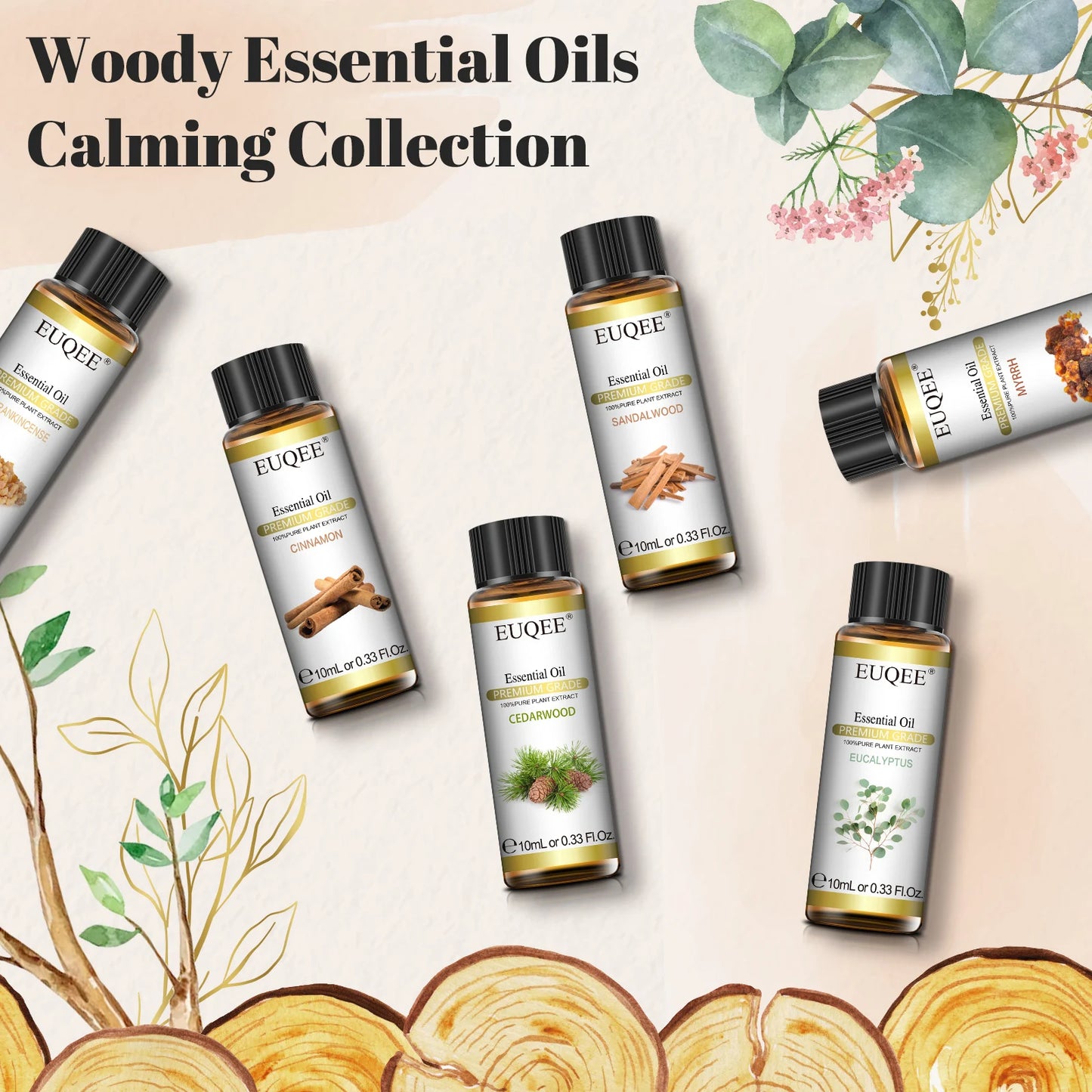 EUQEE 6 Bottles Woody Series Essential Oils Set For Aromatherapy-Eucalyptus Cedarwood Sandalwood Frankincense Cinnamon Myrrh