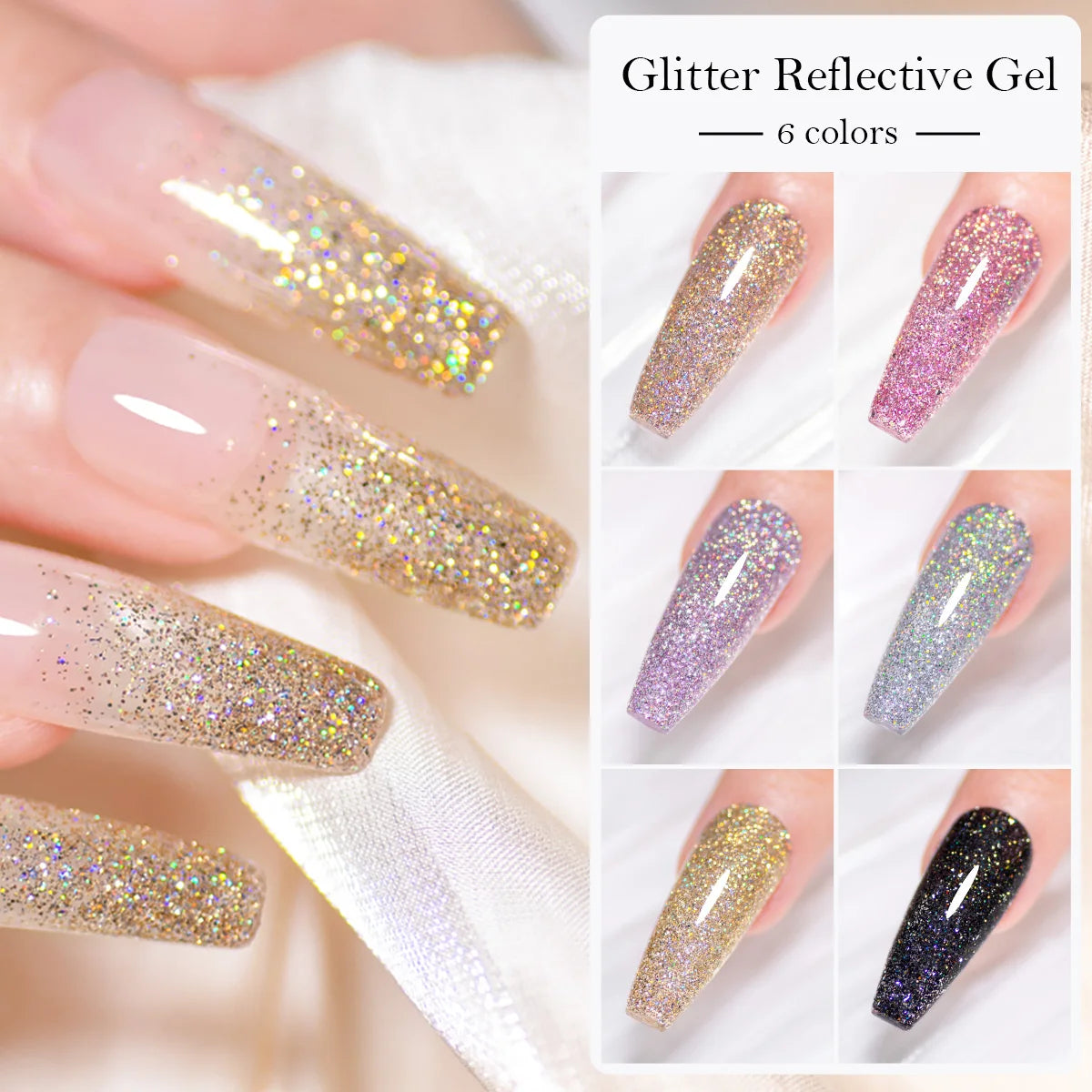 7ml Holographic Reflective Glitter Gel Nail Polish Champagne Gold Sliver Shiny Sparkling Sequins Soak Off UV LED Nail Varnish