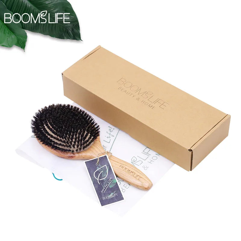 Boar Bristle HairBrush Wood Hair Brush Peine OAK Wood Combs for Women Barber Beauty Care Paddle Scalp Massage Brush