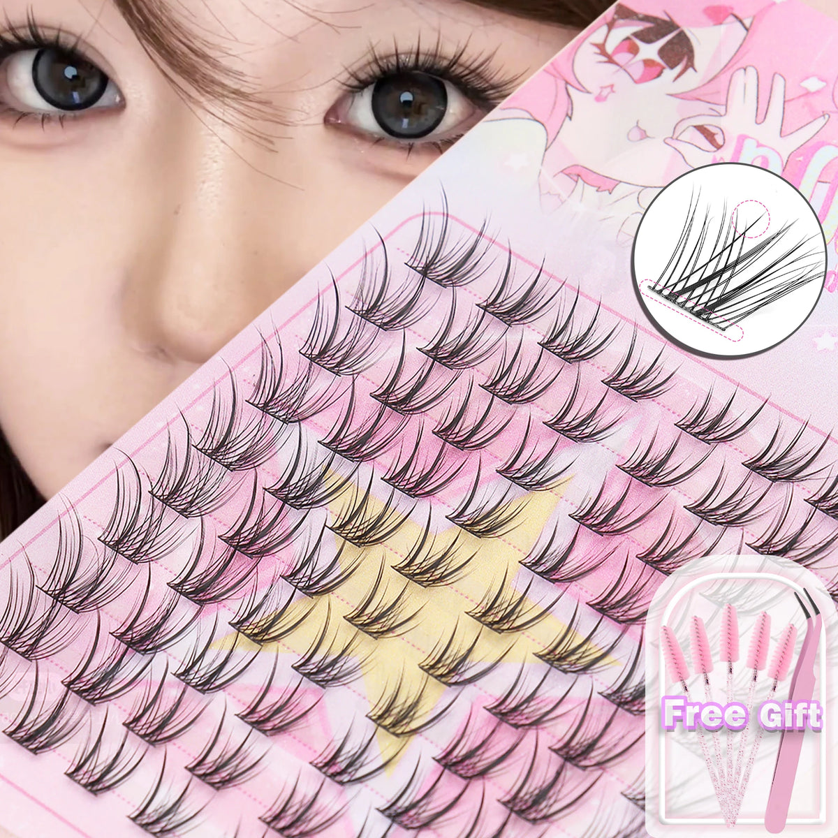 80 Clusters of Brown Natural Fox-Style Cat Eye False Eyelashes Makeup Tools, Natural Segmented Eyelash Bundles Makeup Tools