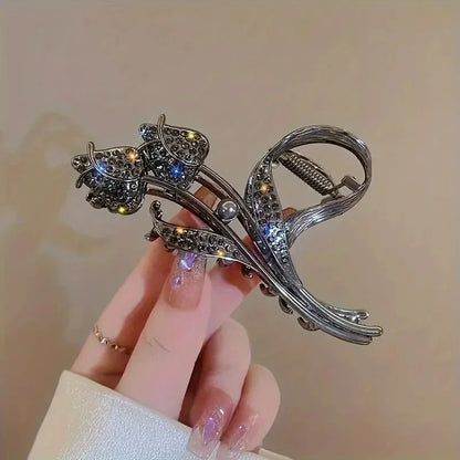 1pc Metal Tulip Shaped Hair Claws Clips With Rhinestone Faux Pearls Decor, Strong Hold Hair Clips For Thick Hair Ponytail Holder