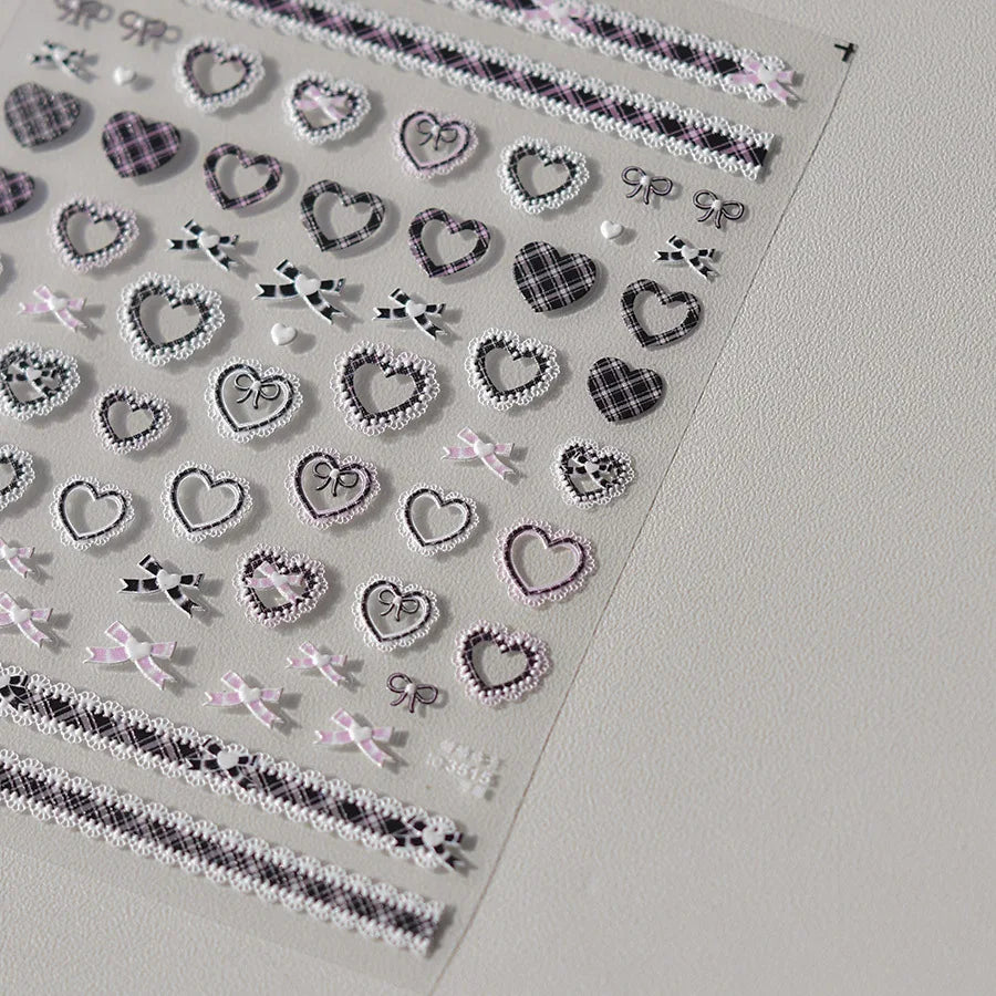 Sweet Pink Bowknot Black Lace Heart Nail Stickers 3D Self Adhesive Nail Art Stickers Manicure Decorations Decals DIY Accessories