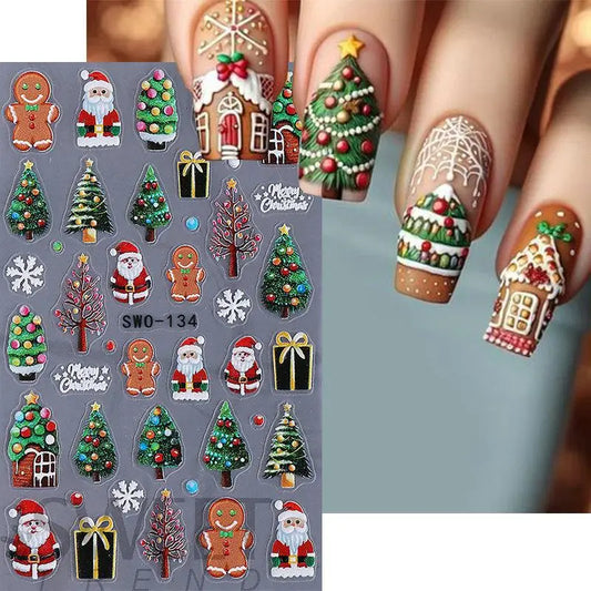 1Pcs 5D Gingerbread Man Snowflake Nail Stickers Christmas Pine Tree Cake Self-Adhesive Nail Decal Winter DIY Manicure Supplies