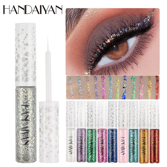 HANDAIYAN 12 Colors Shiny Eye Liners Pigment Silver Rose Gold Color Glitter Liquid Eyeliner Metallic Colorful Makeup For Women