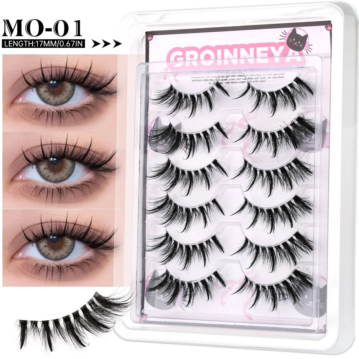 GROINNEYA Manga Eyelashes Natural Spiky Mink Lashes Natural Curl Full Strip Clear Stem Lashes Soft Fake Lashes Extension Makeup