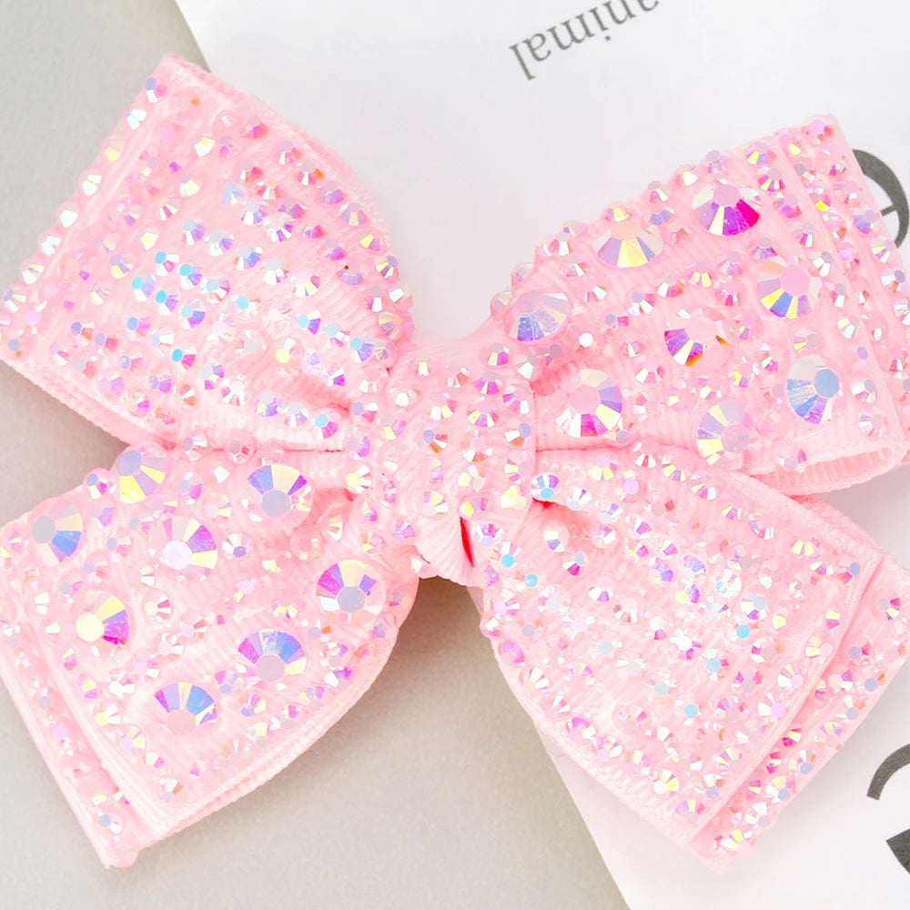 Rhinestone Bow Hair Clips Sweet Ribbon Barrette Baby Girls Sparkling Crystal Hairpins For  Children Kids Headwear Accessories
