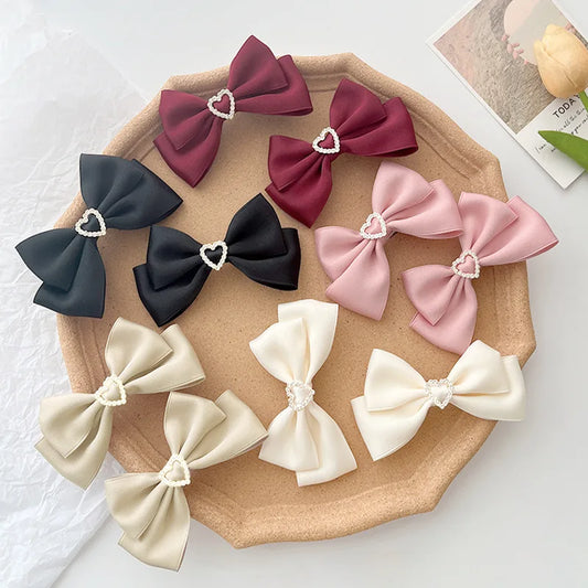 1 Pair Heart-shaped Rhinestone Satin Bow Hair Clips, Vintage Multi-color Sweet Hair Accessories, Daily Lolita Versatile Headwear