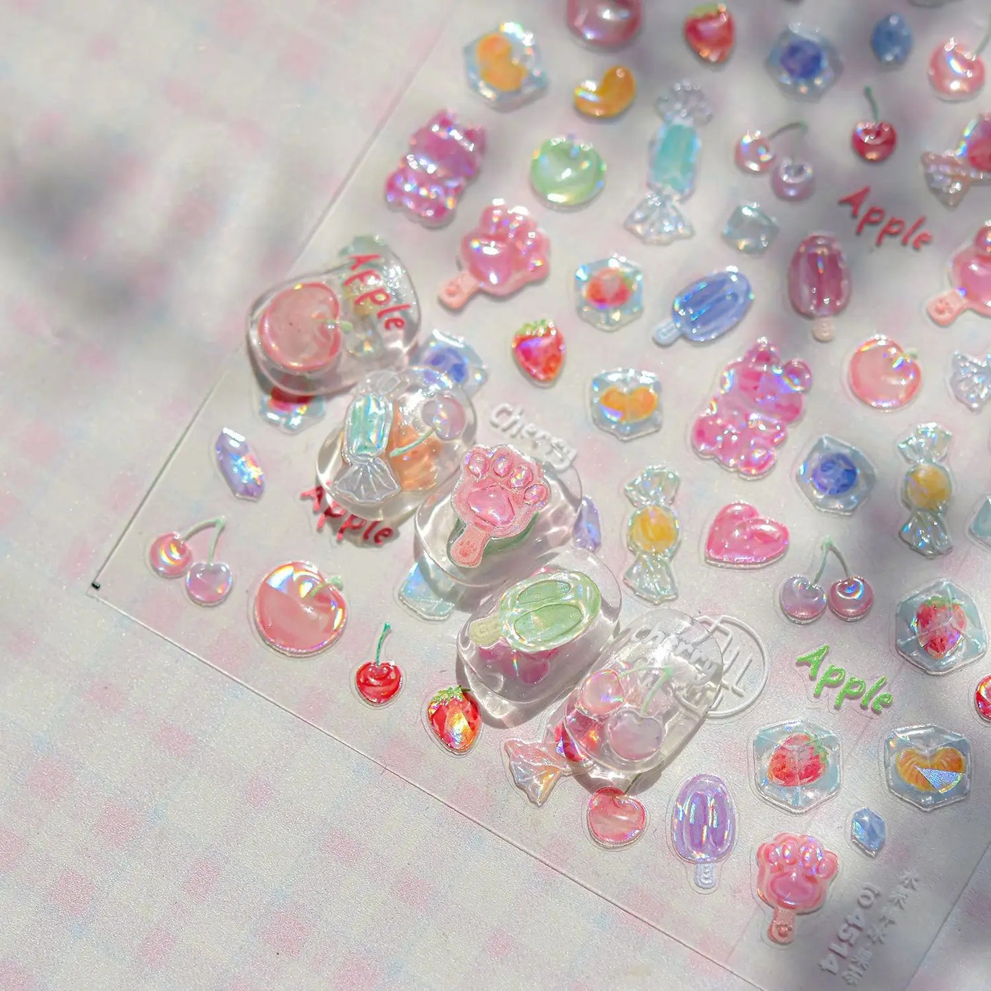 Pink Pudding Cherry Bowknot Heart shaped Star Claw Print Sweet Self Adhesive 5D Nail Art Decoration Sticker Manicure Decal DIY