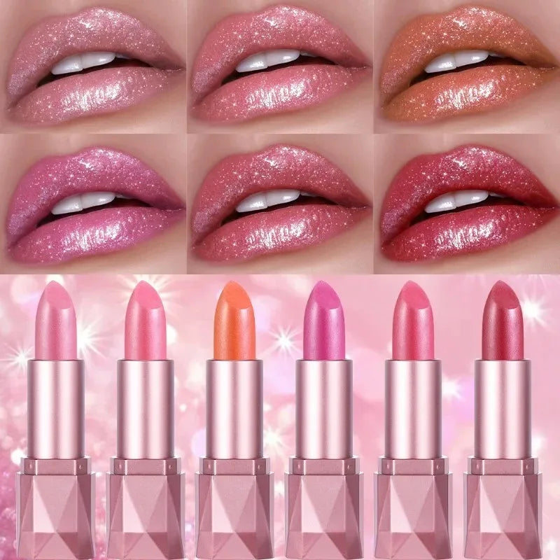 Diamond Nude Rose Pink Lipstick Waterproof Long Lasting Pearlescent Glitter Velvet Lipstick Golden Sparkle Metallic Lips Makeup