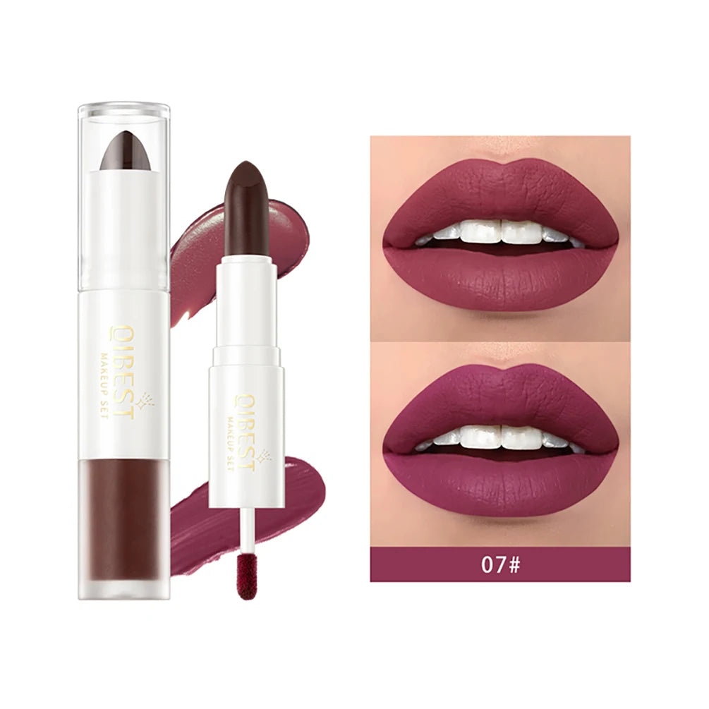 QIBEST 10 Colors 2 in 1 Matte Lipstick Lip Gloss Cosmetics Waterproof Double Head Red Purple Lipstick Long Lasting  Lips Makeup