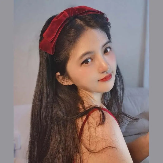 Vintage Red Velvet Bow Bezel Hairband for Women Girls Korean Elegant Solid Color Headband Holiday Party Hair Bands Accessories