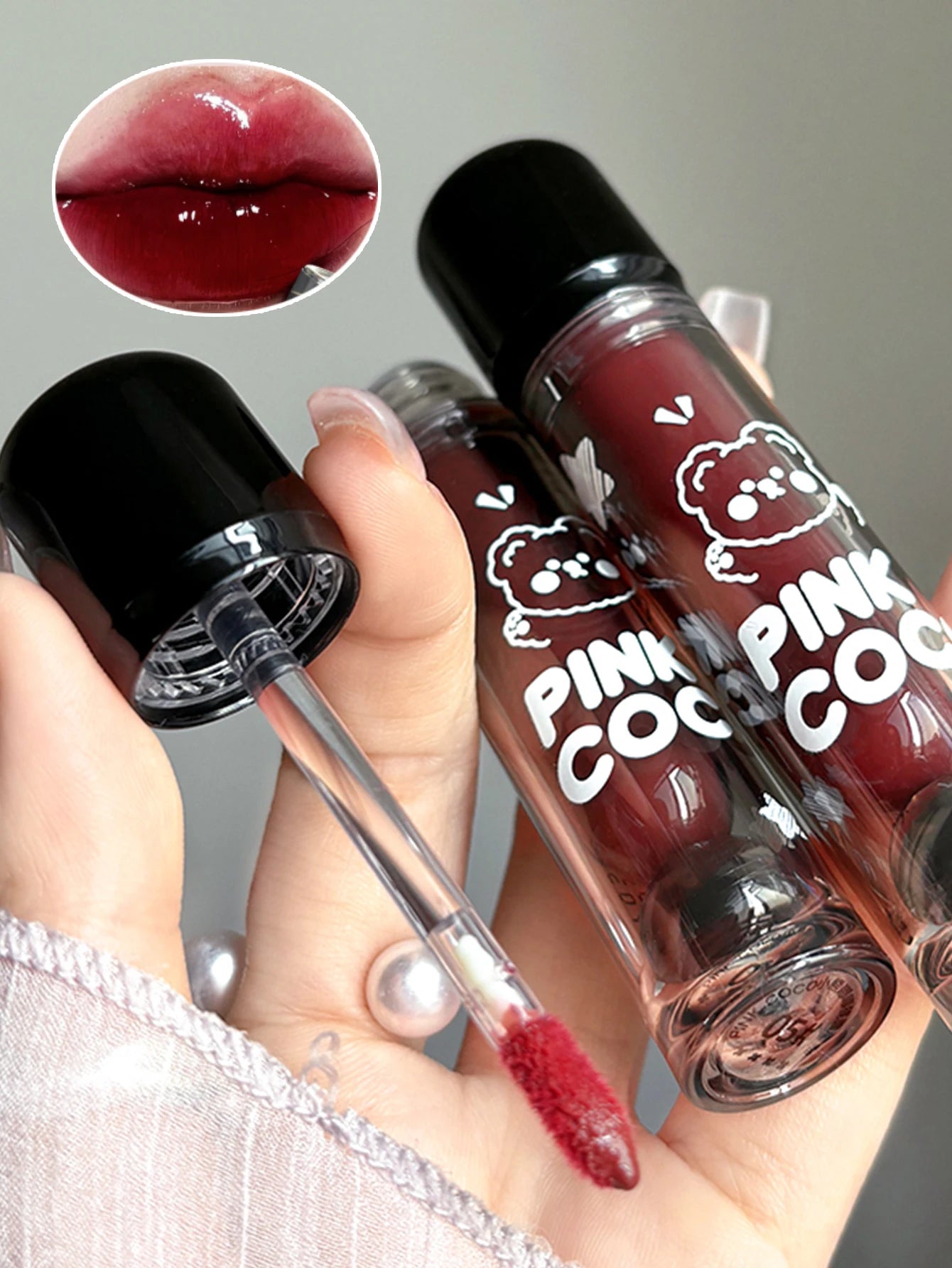 PINKCOCO Bear Doodle Mirror Lip Glaze — Long-Lasting Shiny Lip Gloss, Student-Friendly, Skin-Brightening Nude Lipstick