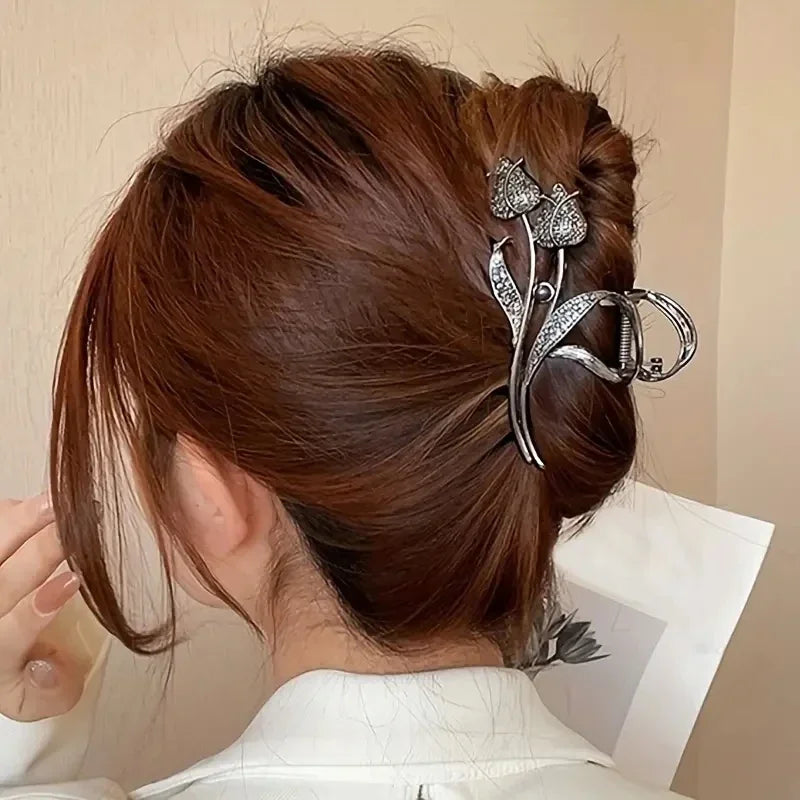 1pc Metal Tulip Shaped Hair Claws Clips With Rhinestone Faux Pearls Decor, Strong Hold Hair Clips For Thick Hair Ponytail Holder