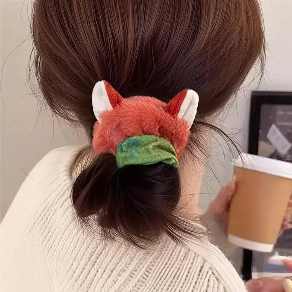 2Pcs Kawaii Fluffy Bunny Fox Hair Tie Scrunchies Cartoon Animal Theme Ear Hair Rope For Girls Women Party Daily Hair Accessories