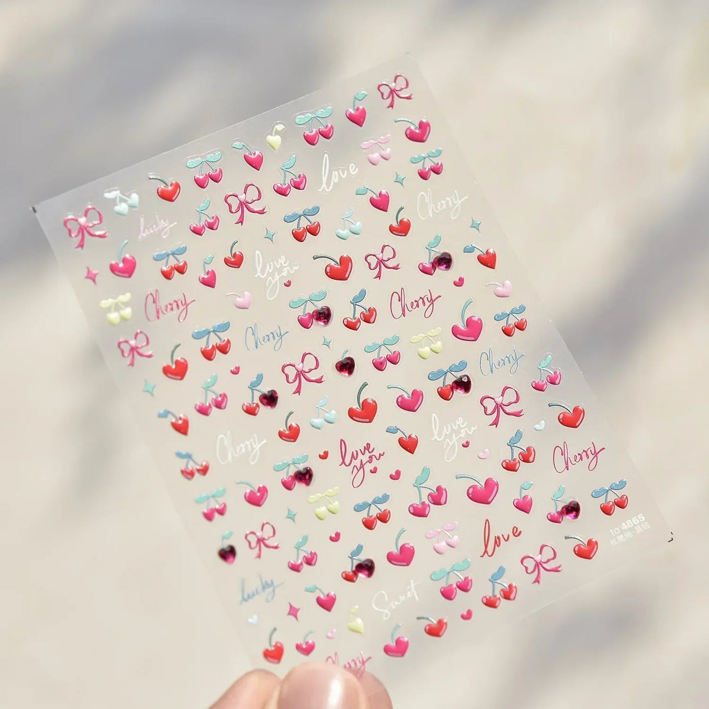 Pink Pudding Cherry Bowknot Heart shaped Star Claw Print Sweet Self Adhesive 5D Nail Art Decoration Sticker Manicure Decal DIY