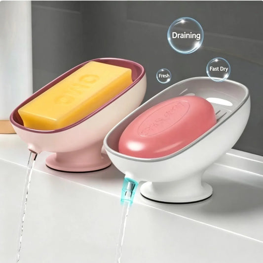 2-in-1 Bathroom Soap Holder with Suction Cups, Countertop Self Draining Soap Dish, Dual Storage for Round Square Large Soap