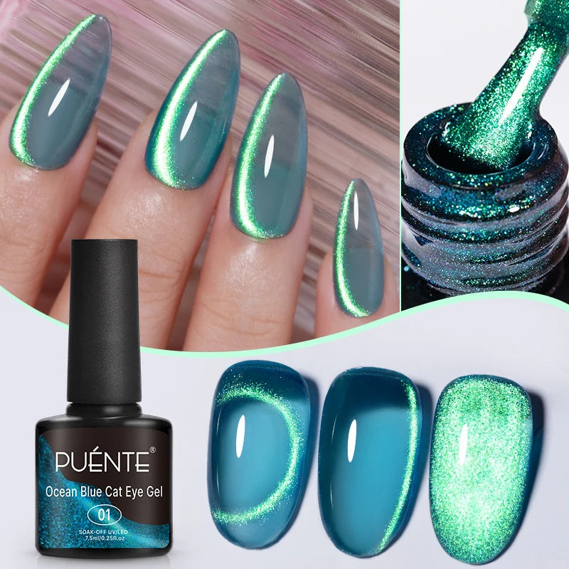 PUENTE 7.5ML Vibrant Blue Cat Eye Gel Nail Polish High Glossy Long-Lasting Soak Off UV Semi-Permanent Nail Art Varnish Manicure