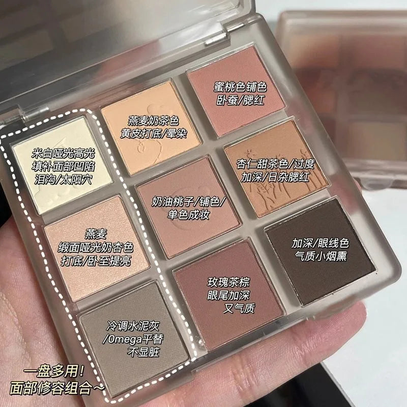 Oat Milk Coffee Earth Tone Eye Shadow Low-saturation Matte Highlight Powder Blusher Contouring Palette Nine-color Eye Shadow