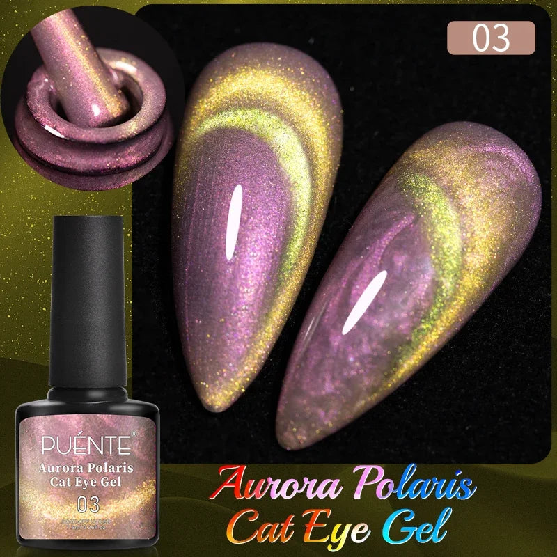 PUENTE 7.5ML Golden Gems Cat Magnetic Gel Nail Polish Pink Brown Blue Colors Golden Glitter Cat Eye Soak Off UV Nail Art Varnish