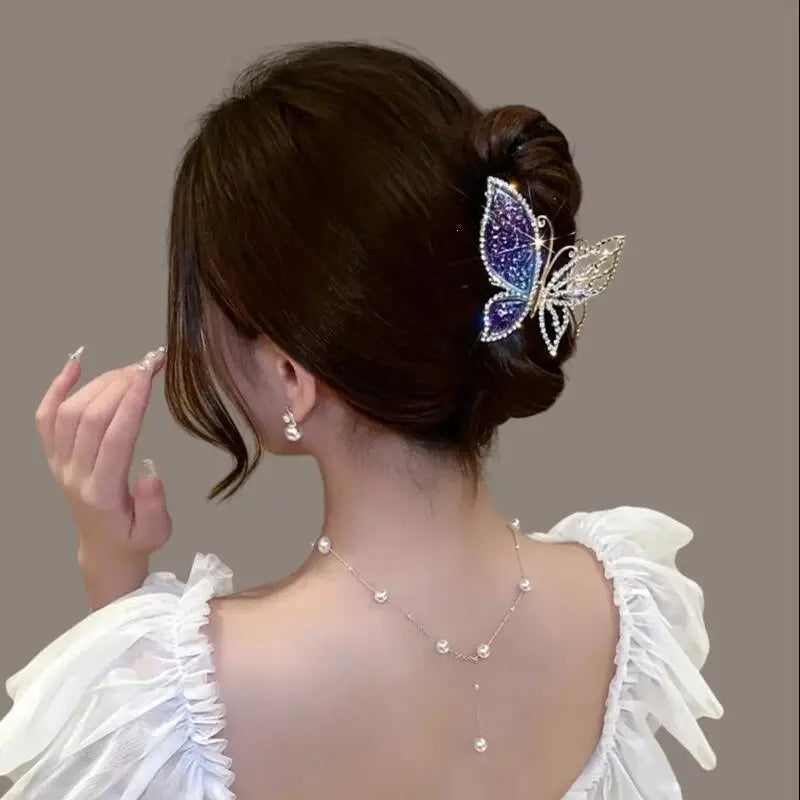Starry Purple Gradient Rhinestone Shark Hair Clip, Resin Winged Butterfly Hair Claw, Stylish Exquisite Butterfly Claw Clip.