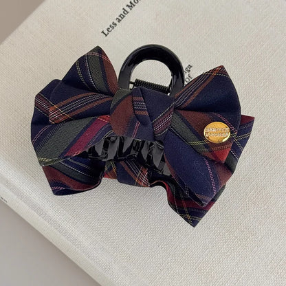 Classic British-Style Fabric Hair Clip with Vintage Plaid Bow Luxury Shark Clip Hair Accessory for Updos