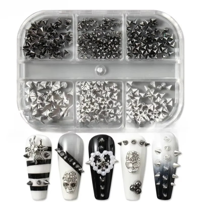 6 Grids Y2K Punk Metal Rivet Nail Charms Cone Mixed Sized Black Silver Gold Nail Art Studs 3D Stylish Alloy Spike Nails tool