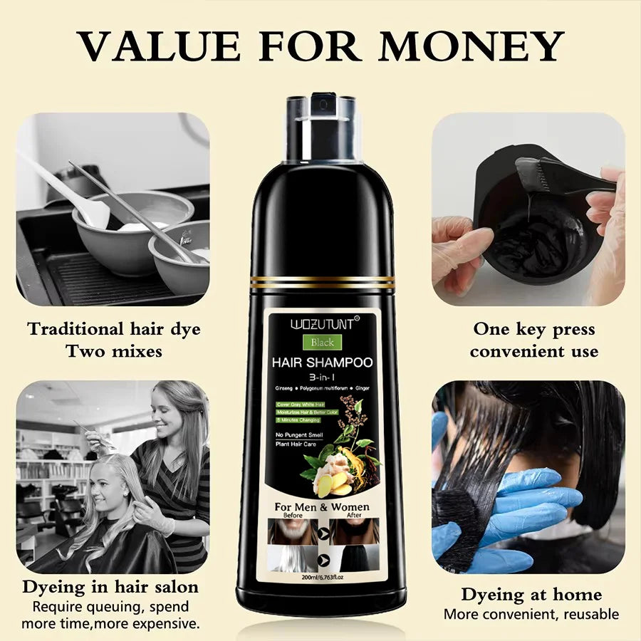 200ml 3 In 1 Natural Herbal Hair Dye Shampoo Black Dark Brown Cover Gray Deep Nourishing Fast Hair Coloring Cream for Women Men