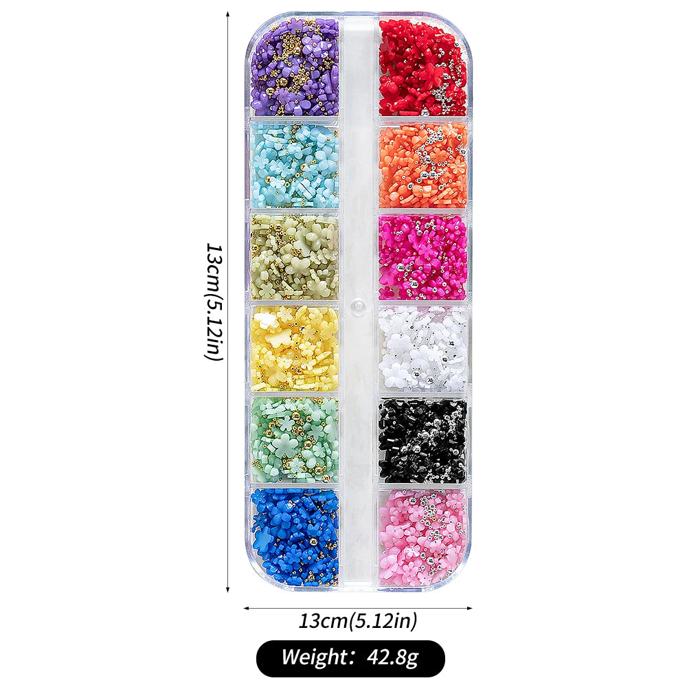 12Grids/Box Five-Petal Flower/Steel Beads Nail Art Charms Mixed-Size Flowers Gold/Silver Ball Rhinestones DIY Manicure Diamonds