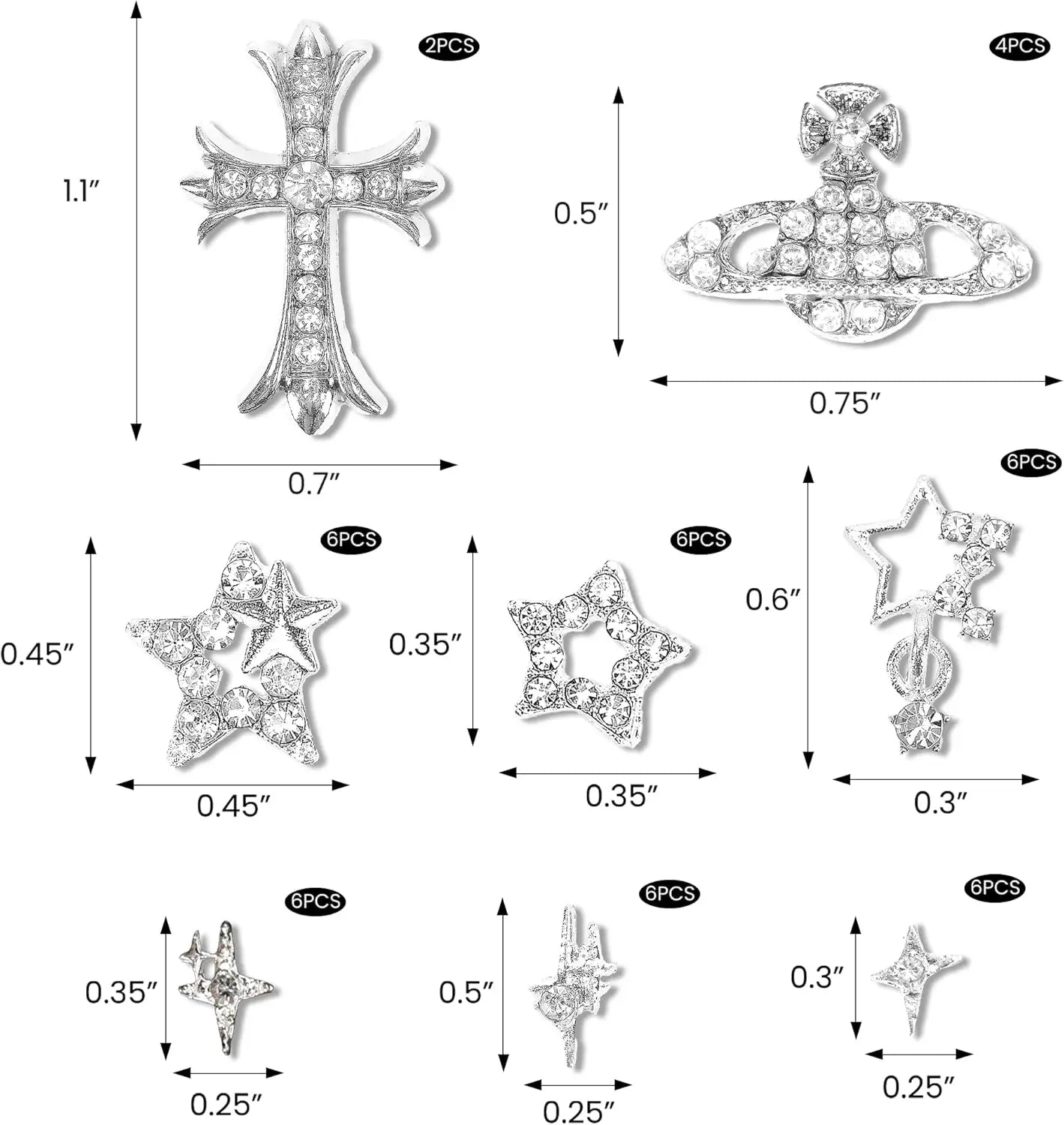 42PCS 3D Star Nail Charms and Gems Silver Rhinestones for Nails Y2K Nail Jewels for Nail Art
