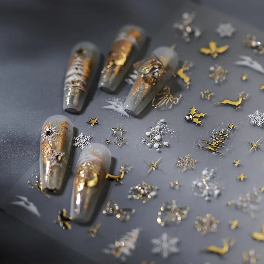 Gold Snowflake Bowknot Snowman Lovely Christmas 3D Self Adhesive Nail Art Sticker Rhinestone 5D Embossed Reliefs Manicure Decals