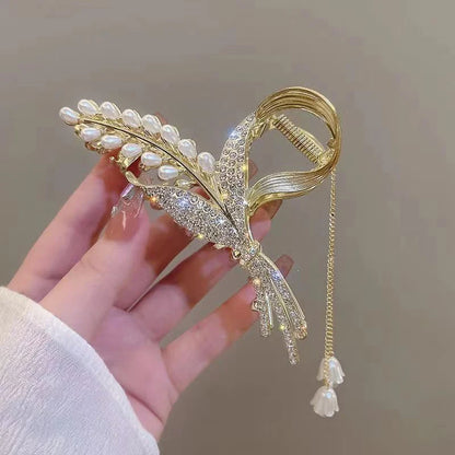 Rhinestone Tassel Hair Claw Golden Bow Flower Hair Clip Hairpin For Women Elegant Ponytail Fashion Hair Accessories