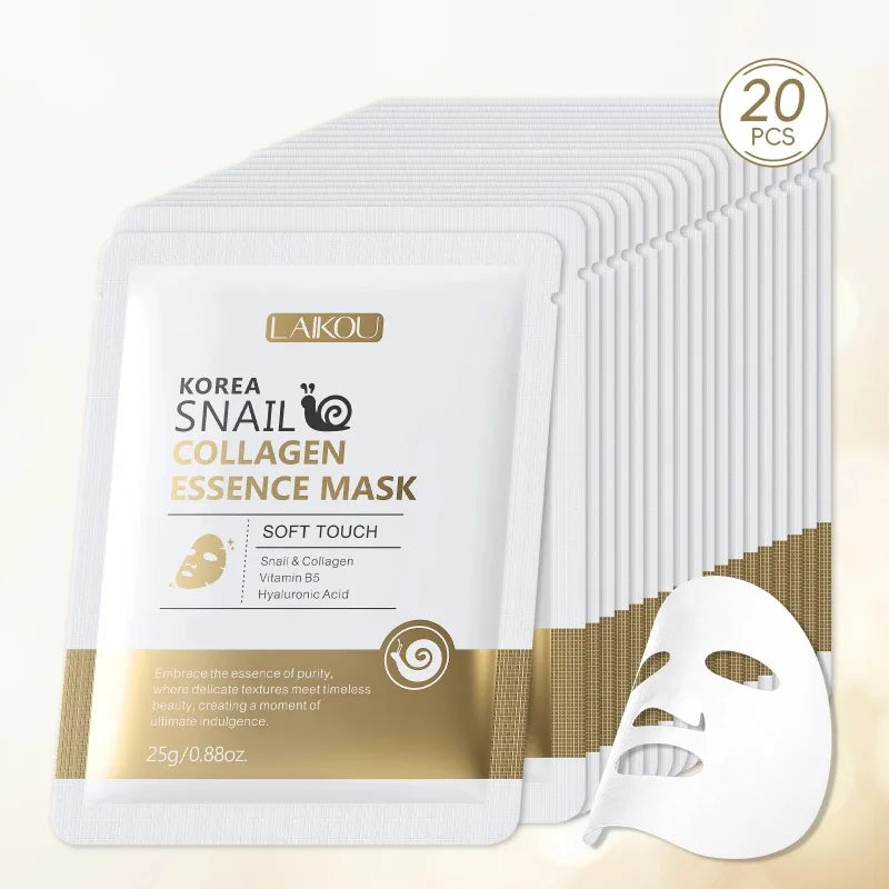 LAIKOU Korea Snail Collagen Essence Mask Hydrating Sheet Mask Anti-Wrinkle Face Mask Firming Skin Care 25g*20pcs