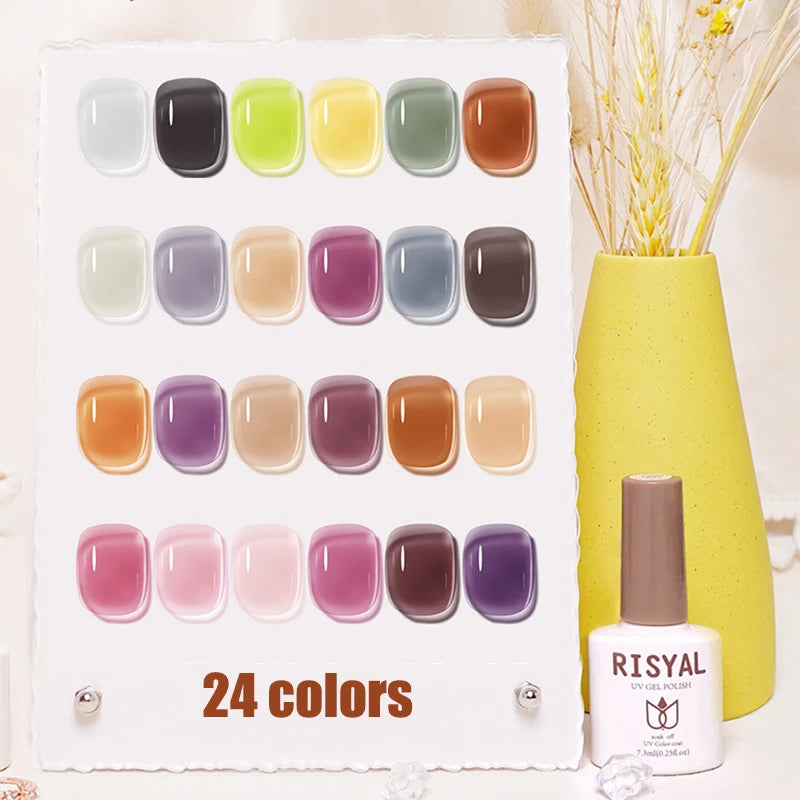 Jelly Gel Polish, 24 Colors Trendy Neon Jelly Gel Nail Polish Kit Glossy Crystal Transparent Gel Polish Nude Pink Purple Green B