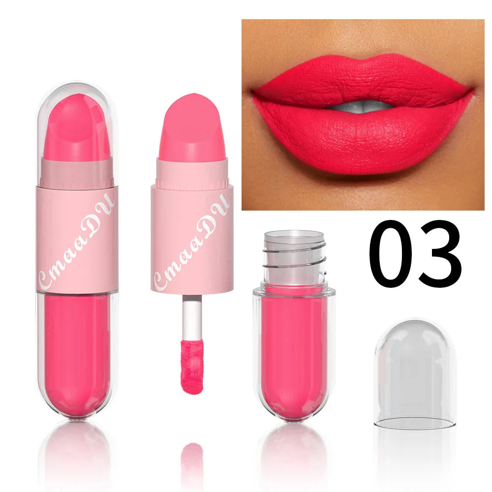 Lipstick Lip Gloss 2-in-1 Matte Lip Color Velvet Lip Glaze Waterproof Long Lasting Non-marking Natural Lip Tint Blam Cosmetic