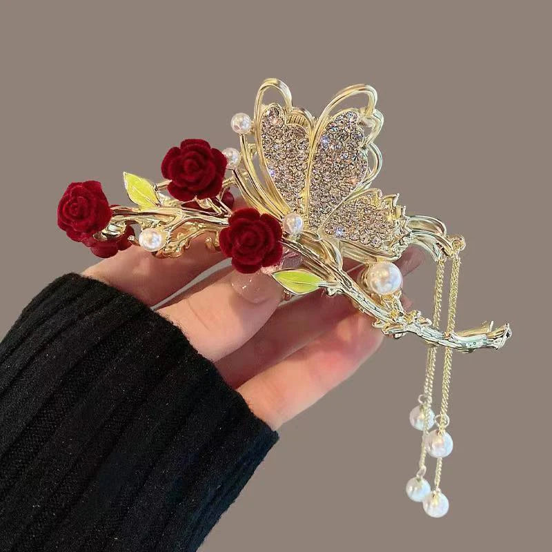 Rhinestone Tassel Hair Claw Golden Bow Flower Hair Clip Hairpin For Women Elegant Ponytail Fashion Hair Accessories