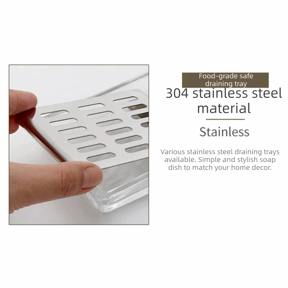 Light Luxury Stainless Steel Glass Soap Dish Draining Rack Rectangular Soap Holder Dual Layer Self Draining Soap Case Bathroom