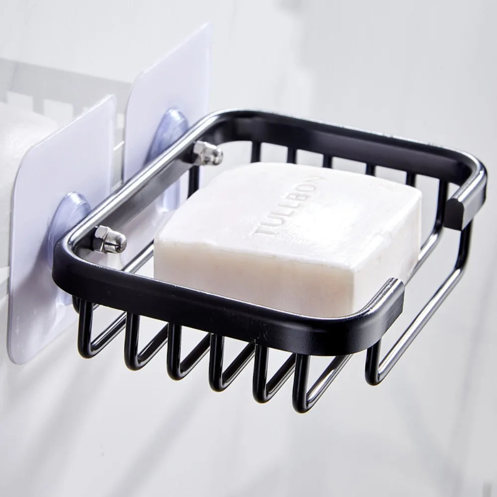 Quality Wall Mounted Soap Dish Self-adhesive Drill Free Metal Soap Holder Hollow Type Aluminum Soap Storage Rack Bathroom