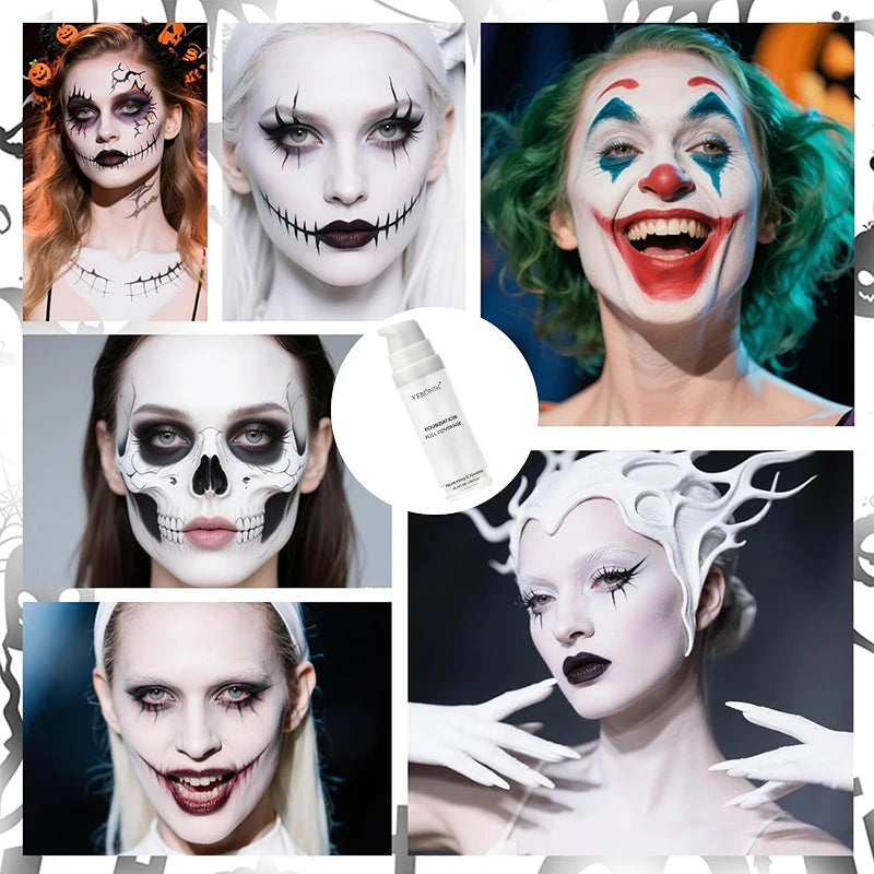 Matte White Liquid Foundation Makeup,Buildable Coverage Primer & Concealer Stick,Waterproof & Long-Lasting for Halloween,Cosplay