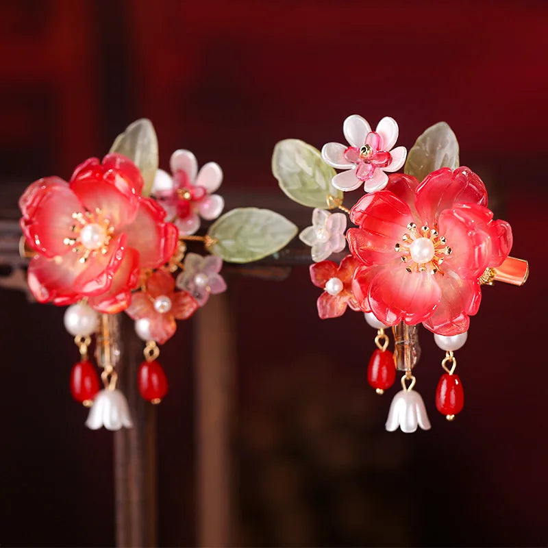 2pcs Chinese Hanfu Hair Clips Hairpins Flower Girls Pink Barretes Crystal Tassel Children Hair Accessories Jewelry Headwear