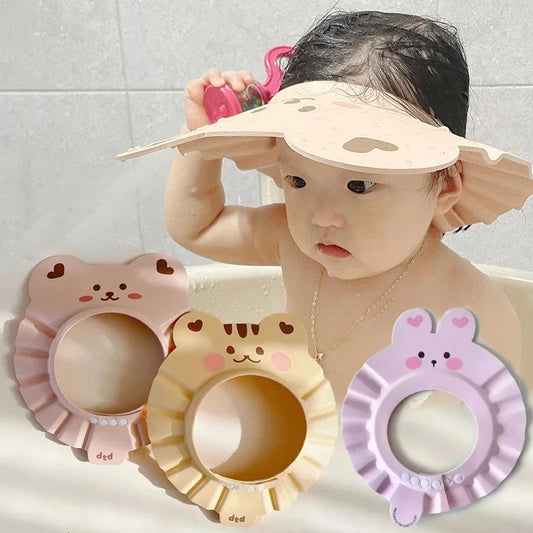 Cute Bear Adjustable Shower Cap Baby Eyes-Protected Ears-Protected Infant Bathing Protection Hat Soft Baby Hair Washing Hat