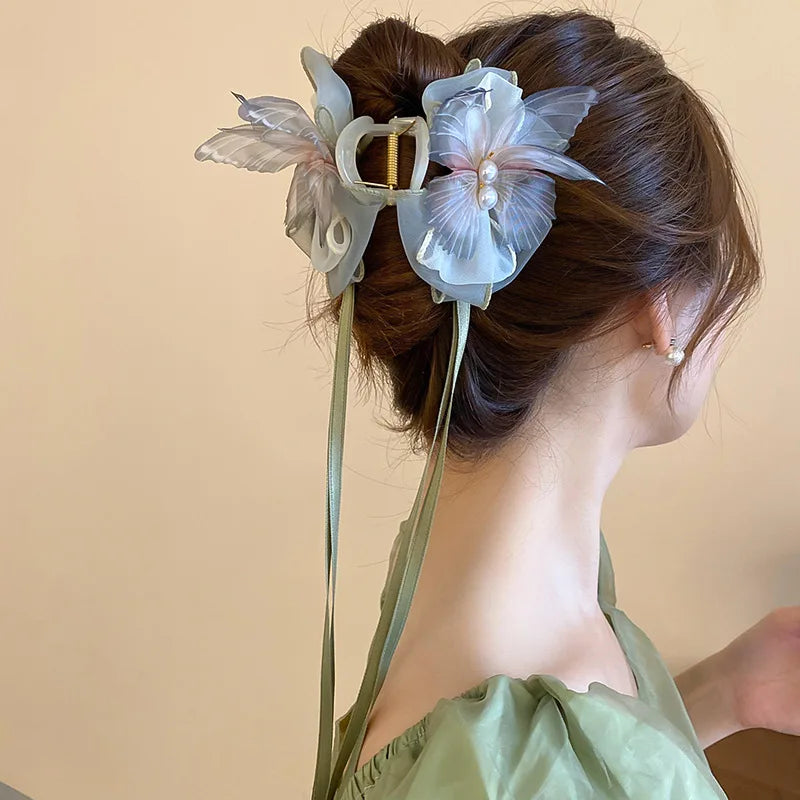 Neo Chinese Style Green Bow Butterfly Hair Claws Clips For Women Imitation Pearl Long Ribbon Tassel Grips Acrylic Shark Clip