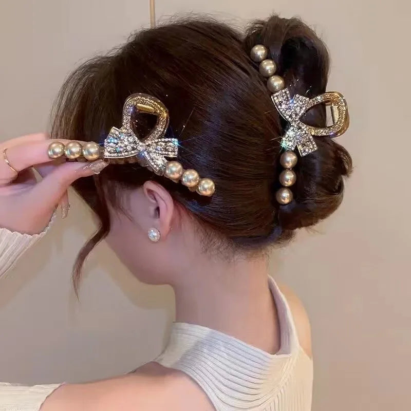 Luxury Gold Crystal Bow Pearl Hair Claw Clip, Elegant Rhinestone Decorated Non-Slip Jaw Clip, Glamour Hair Accessory for Women